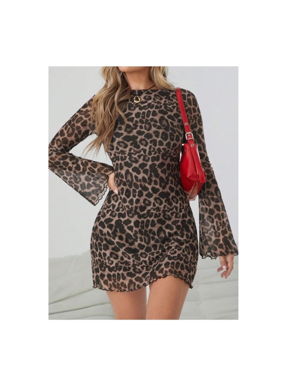 Leopard Print Long Sleeve Mini Dress in Brown